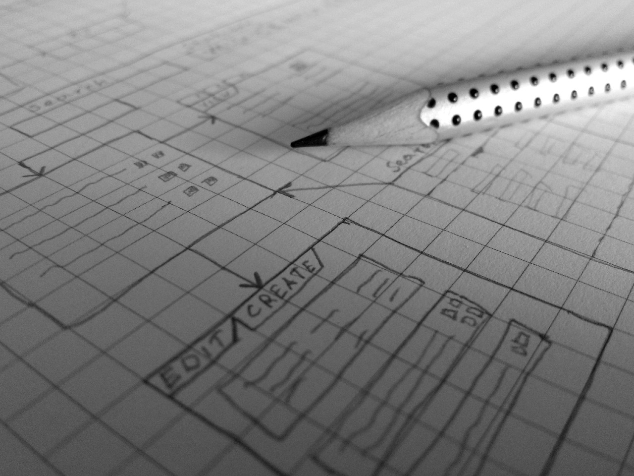 Pencil wireframe sketches on grid paper